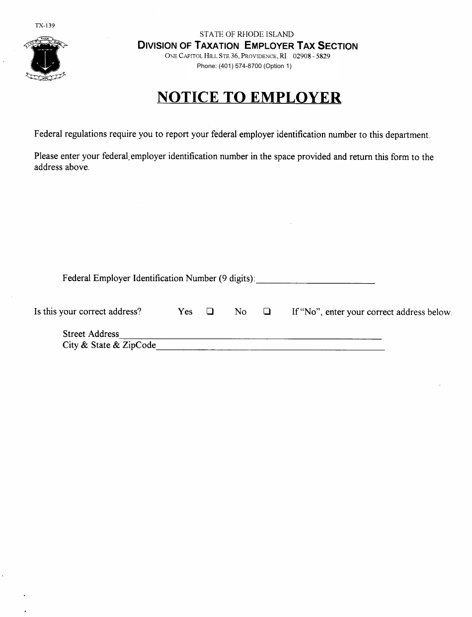 Form TX-139 Notice to Employer - Rhode Island, Page 1