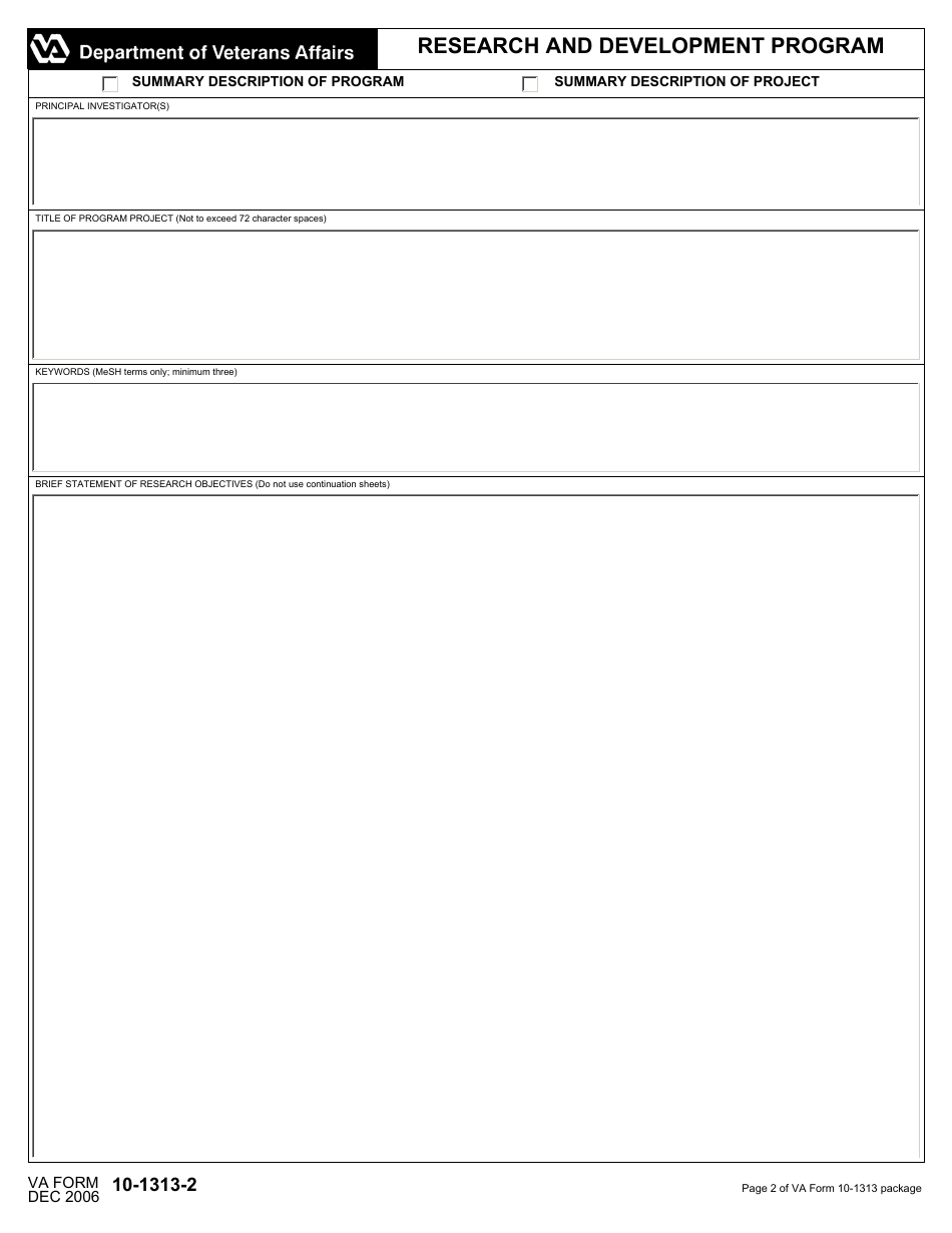 VA Form 10-1313-2 Research and Development Program, Page 1