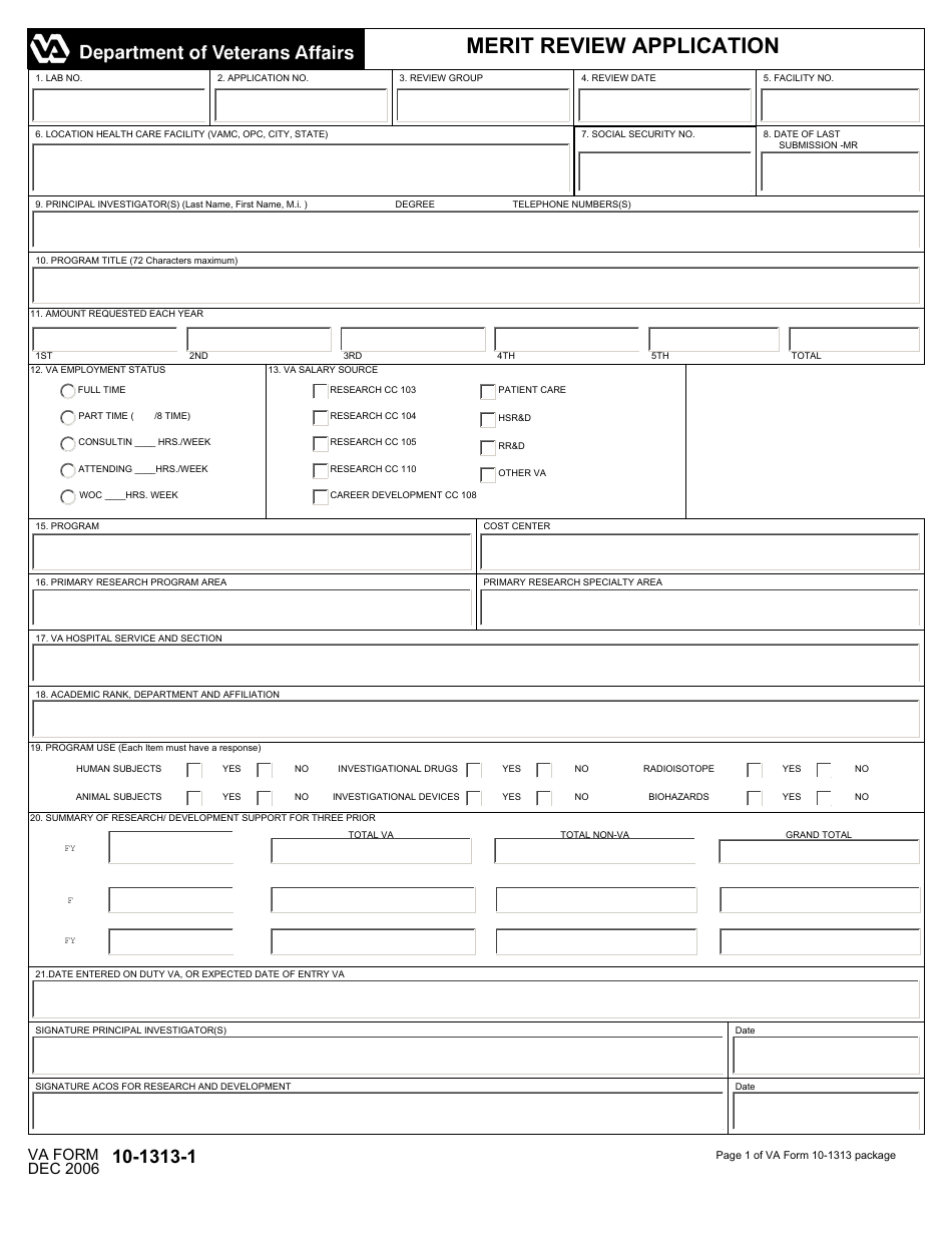 VA Form 10-1313-1 Merit Review Application, Page 1