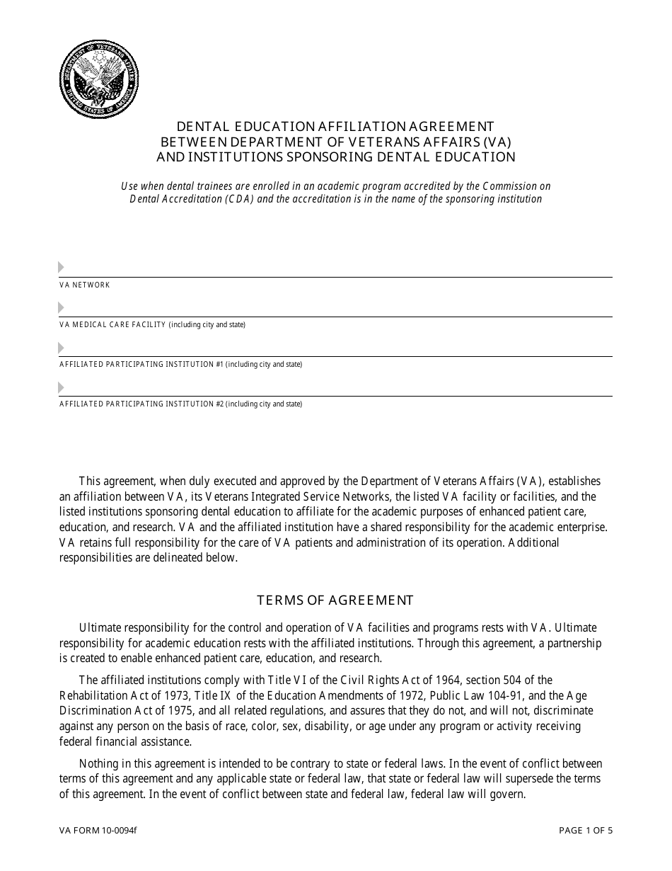 VA Form 10-0094f Dental Education Affiliation Agreement Between Department of Veterans Affairs (VA) and Institutions Sponsoring Dental Education, Page 1