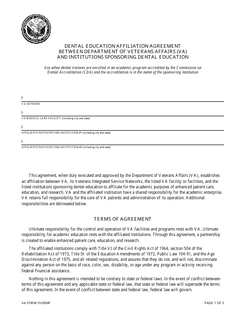 VA Form 10-0094f Dental Education Affiliation Agreement Between Department of Veterans Affairs (VA) and Institutions Sponsoring Dental Education