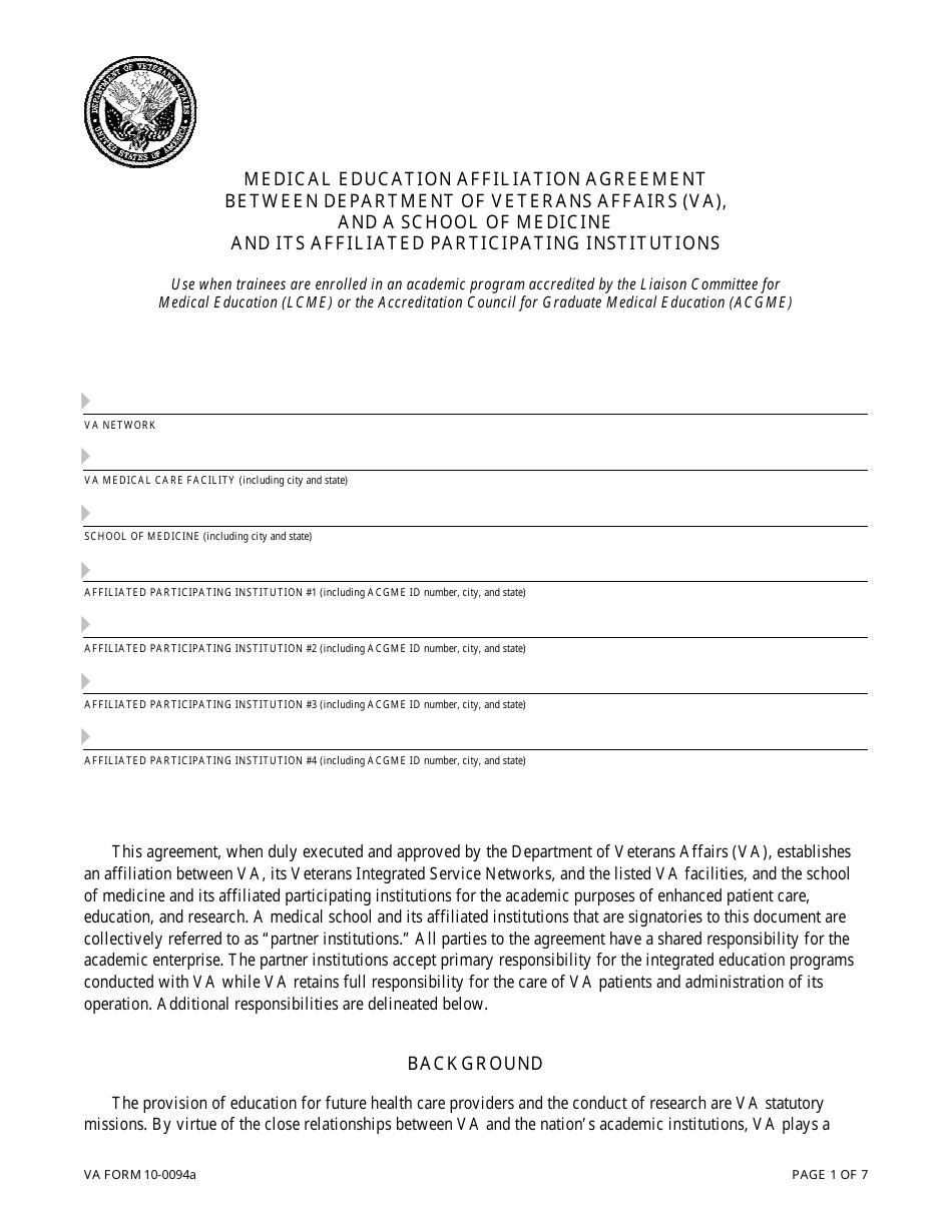VA Form 10-0094a Medical Education Affiliation Agreement Between Department of Veterans Affairs (VA), and a School of Medicine and Its Affiliated Participating Institutions, Page 1