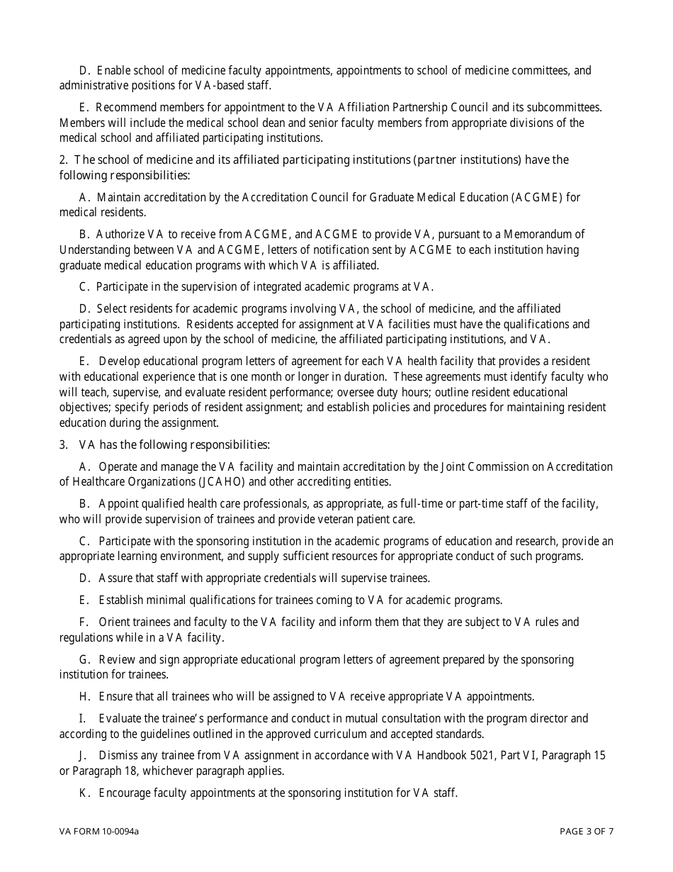VA Form 10-0094a Medical Education Affiliation Agreement Between Department of Veterans Affairs (VA), and a School of Medicine and Its Affiliated Participating Institutions, Page 3