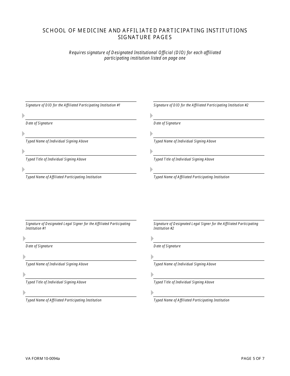 VA Form 10-0094a Medical Education Affiliation Agreement Between Department of Veterans Affairs (VA), and a School of Medicine and Its Affiliated Participating Institutions, Page 5