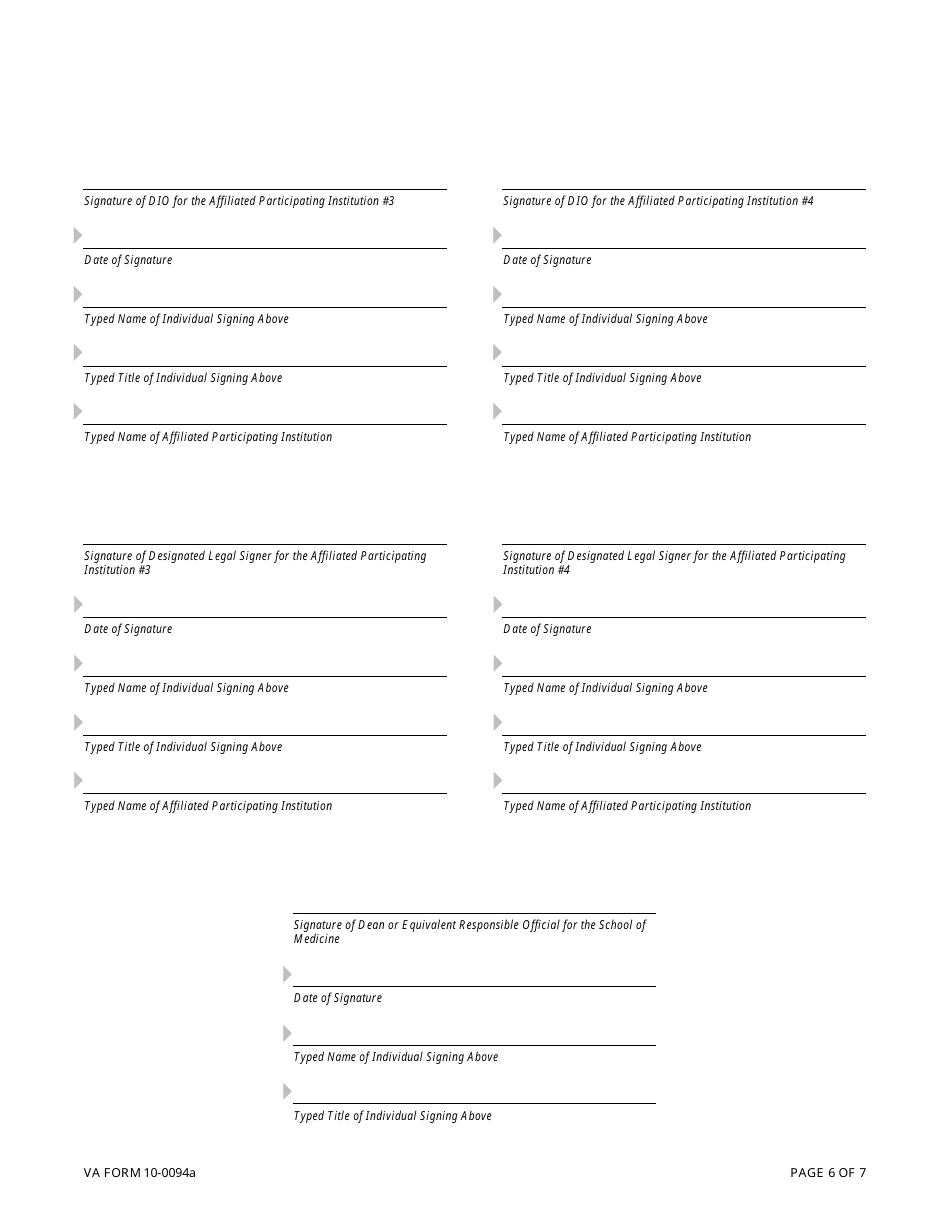 VA Form 10-0094a Medical Education Affiliation Agreement Between Department of Veterans Affairs (VA), and a School of Medicine and Its Affiliated Participating Institutions, Page 6