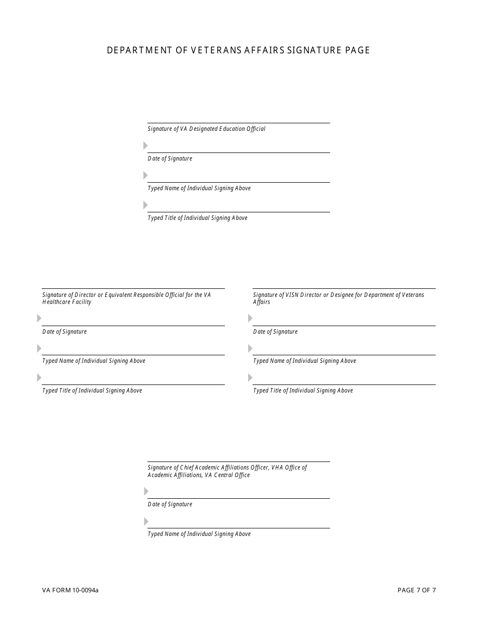 VA Form 10-0094a Medical Education Affiliation Agreement Between Department of Veterans Affairs (VA), and a School of Medicine and Its Affiliated Participating Institutions, Page 7