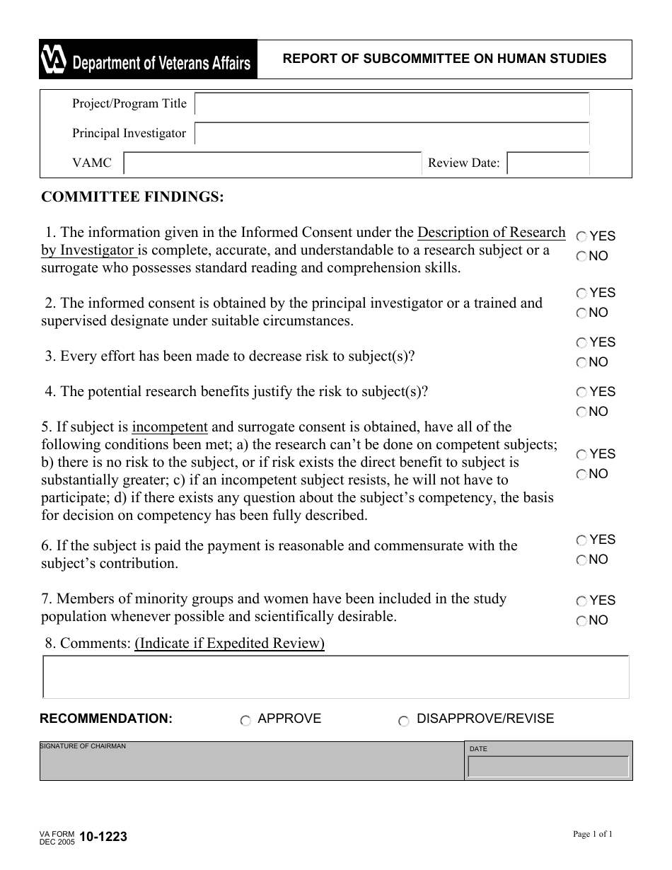 VA Form 10-1223 Report of Subcommittee on Human Studies, Page 1