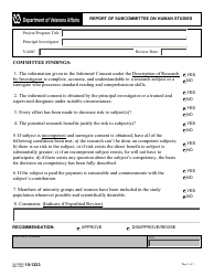 Document preview: VA Form 10-1223 Report of Subcommittee on Human Studies