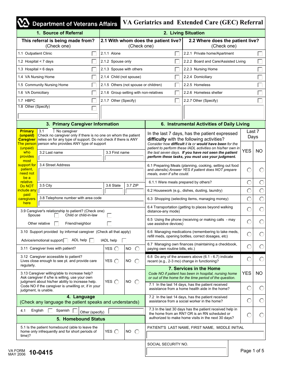 VA Form 10-0415 VA Geriatrics and Extended Care (GEC) Referral, Page 1