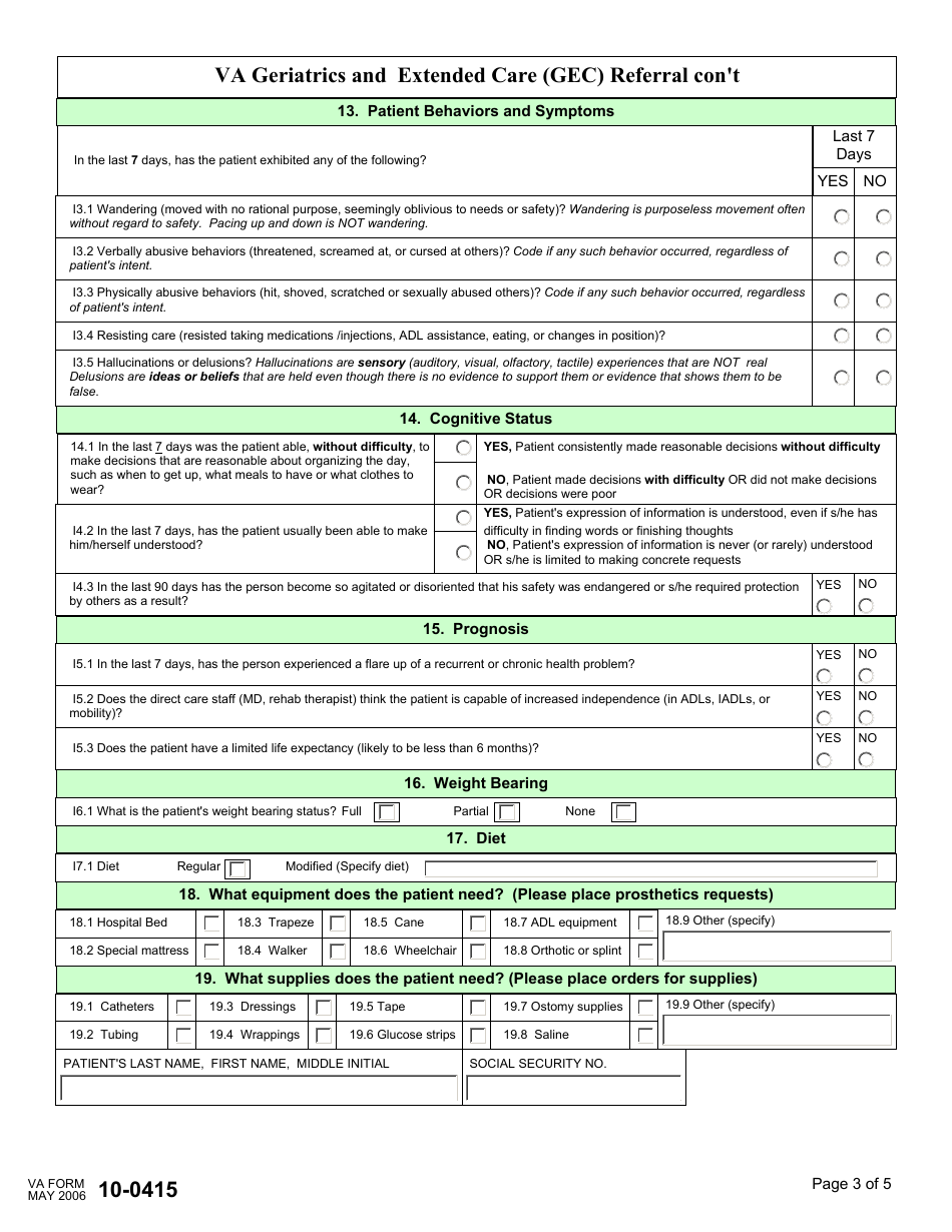 VA Form 10-0415 VA Geriatrics and Extended Care (GEC) Referral, Page 3