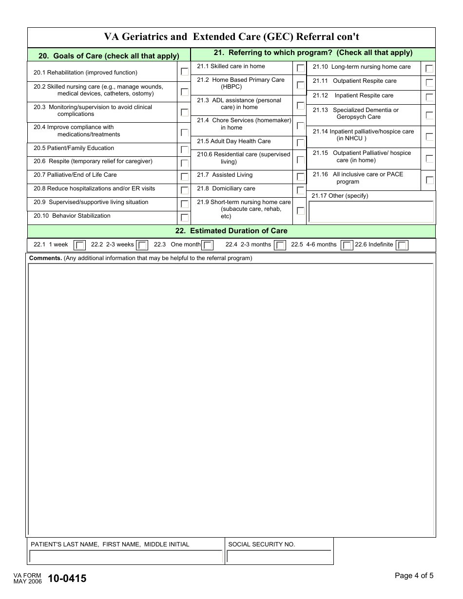 VA Form 10-0415 VA Geriatrics and Extended Care (GEC) Referral, Page 4