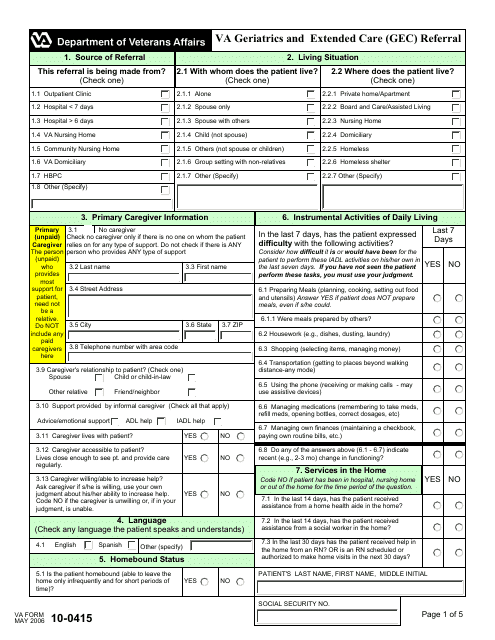 VA Form 10-0415  Printable Pdf