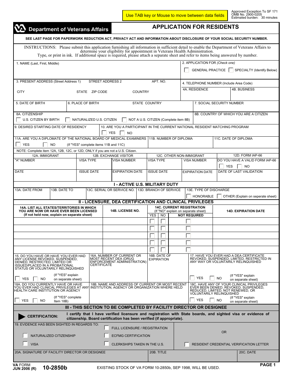 VA Form 10-2850b Application for Residents, Page 1