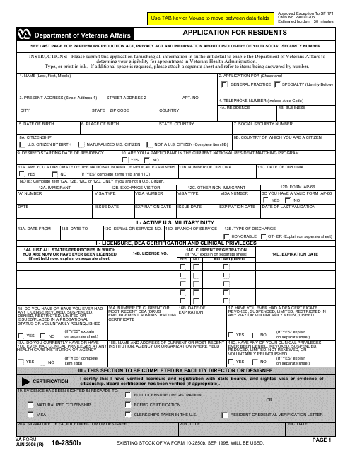 VA Form 10-2850b Application for Residents