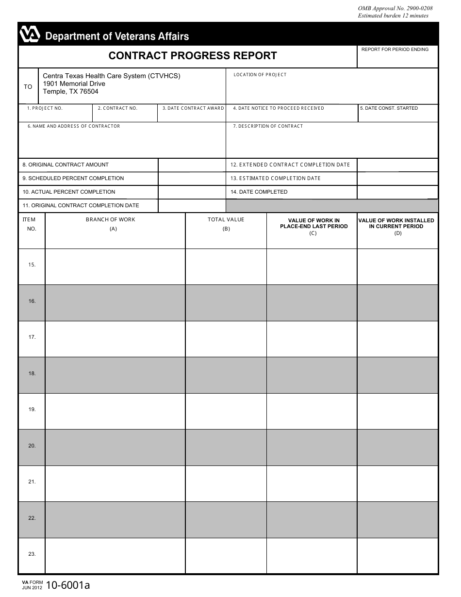 VA Form 10-6001a Contract Progress Report, Page 1