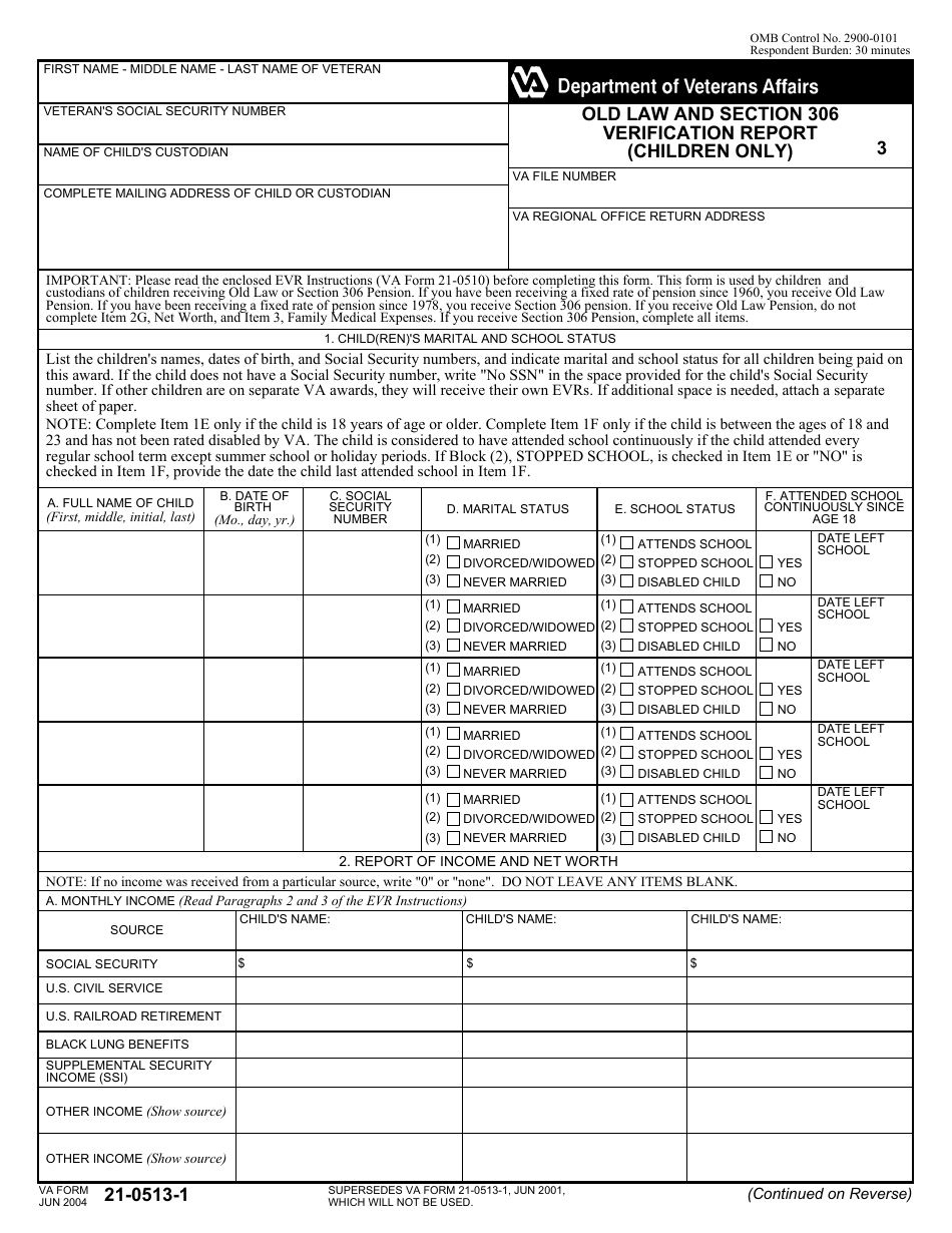 VA Form 21-0513-1 Old Law and Section 306 Verification Report (Children Only), Page 1