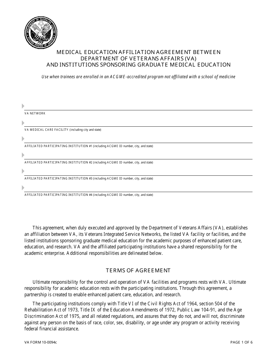 VA Form 10-0094c Medical Education Affiliation Agreement Between Department of Veterans Affairs (VA) and Institutions Sponsoring Graduate Medical Education, Page 1