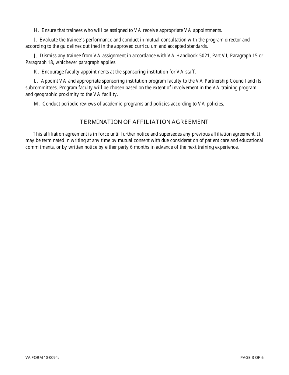 VA Form 10-0094c Medical Education Affiliation Agreement Between Department of Veterans Affairs (VA) and Institutions Sponsoring Graduate Medical Education, Page 3