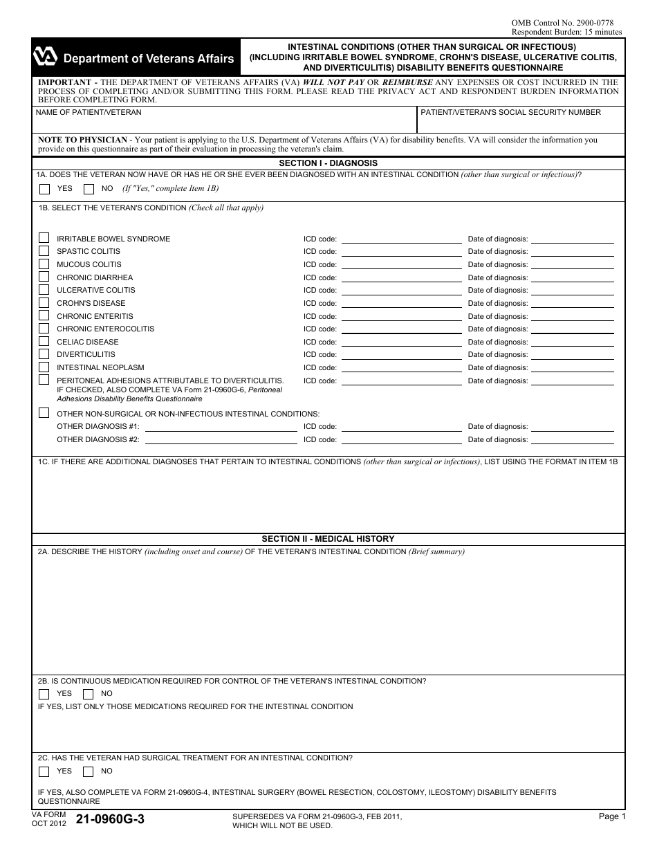 VA Form 21-0960g-3 Intestinal Conditions (Other Than Surgical or Infectious) (Including Irritable Bowel Syndrome, Crohn's Disease, Ulcerative Colitis, and Diverticulitis) Disability Benefits Questionnaire, Page 1