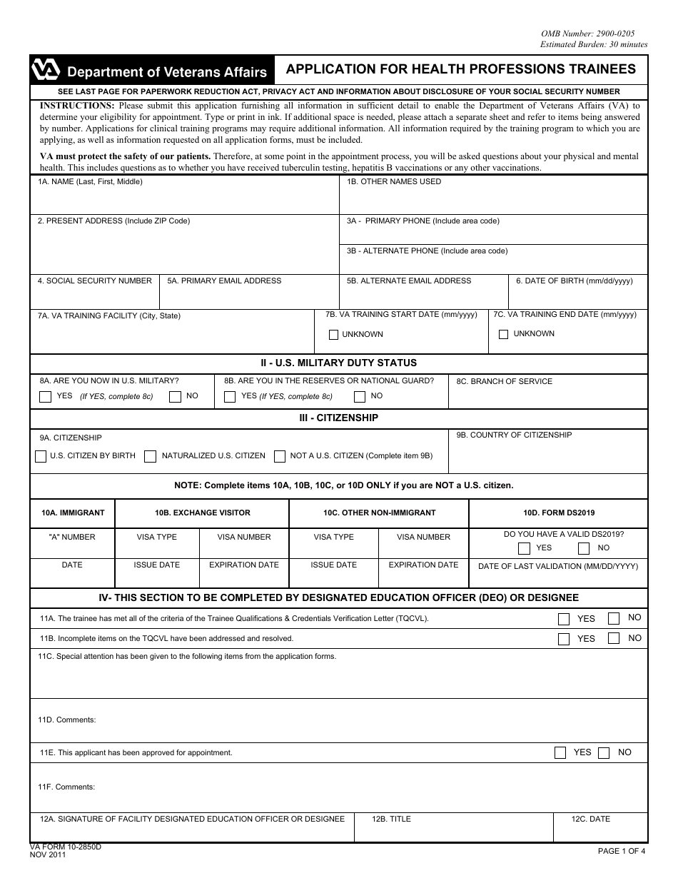 VA Form 10-2850d Application for Health Professions Trainees, Page 1