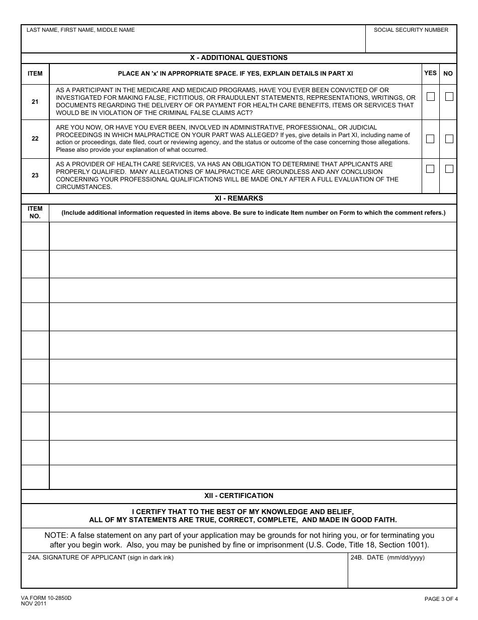 VA Form 10-2850d Application for Health Professions Trainees, Page 3