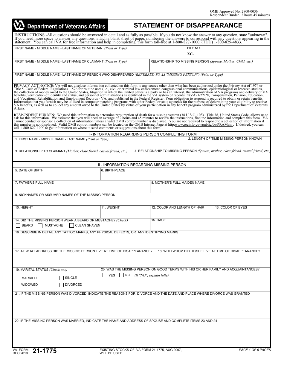 VA Form 21-1775 Statement of Disappearance, Page 1