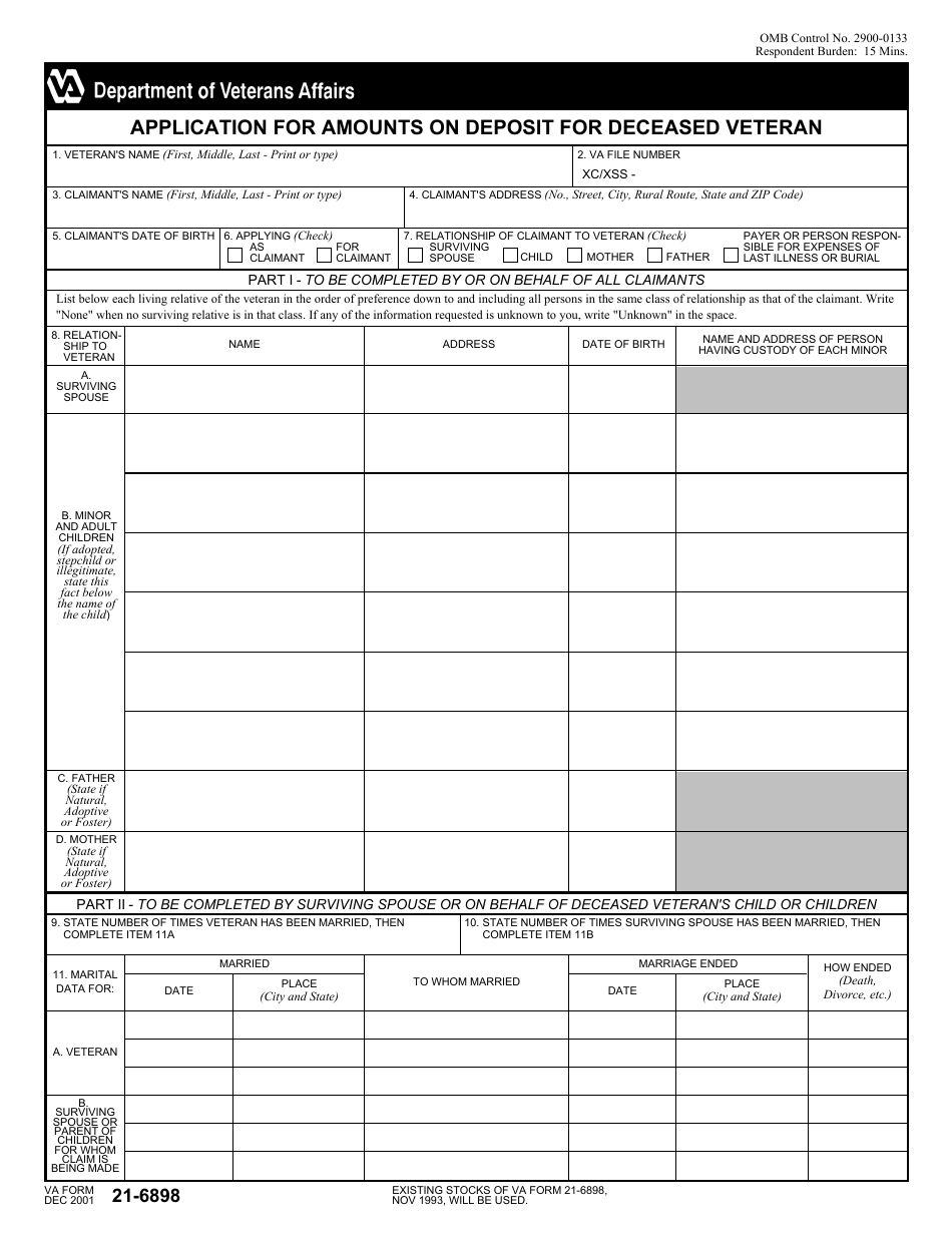 VA Form 21-6898 Application for Amounts on Deposit for Deceased Veteran, Page 1