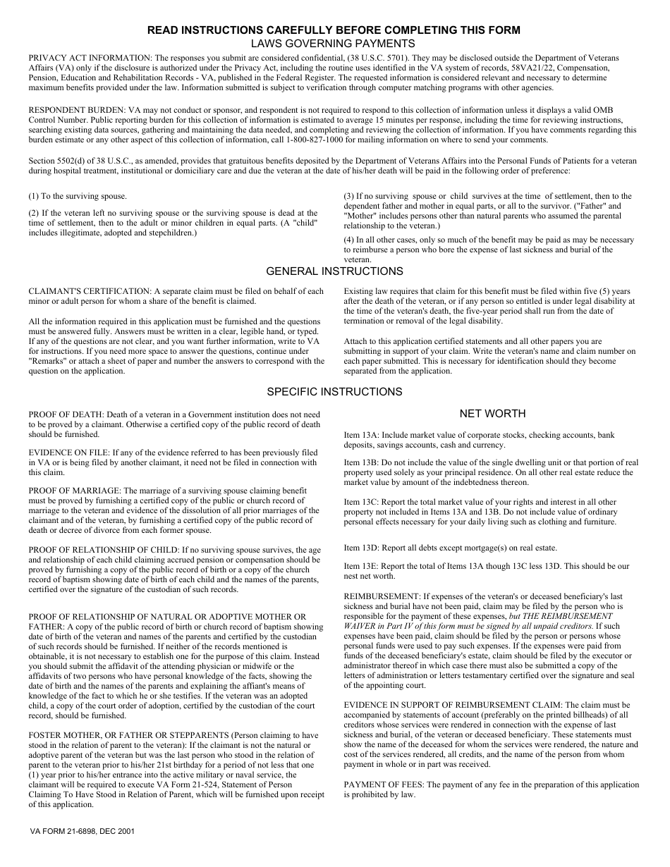 VA Form 21-6898 Application for Amounts on Deposit for Deceased Veteran, Page 4