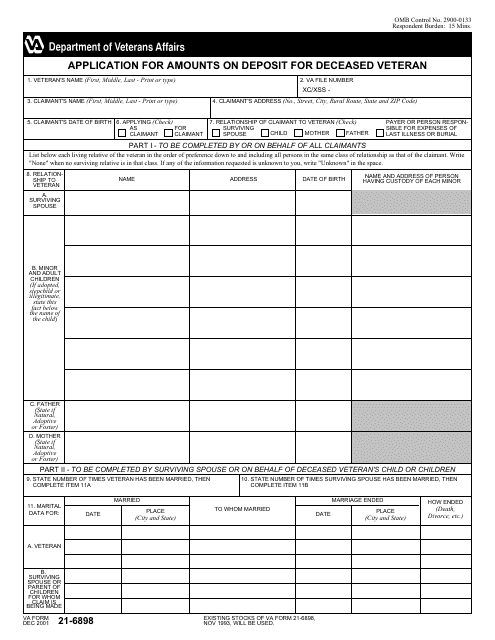 VA Form 21-6898 Application for Amounts on Deposit for Deceased Veteran