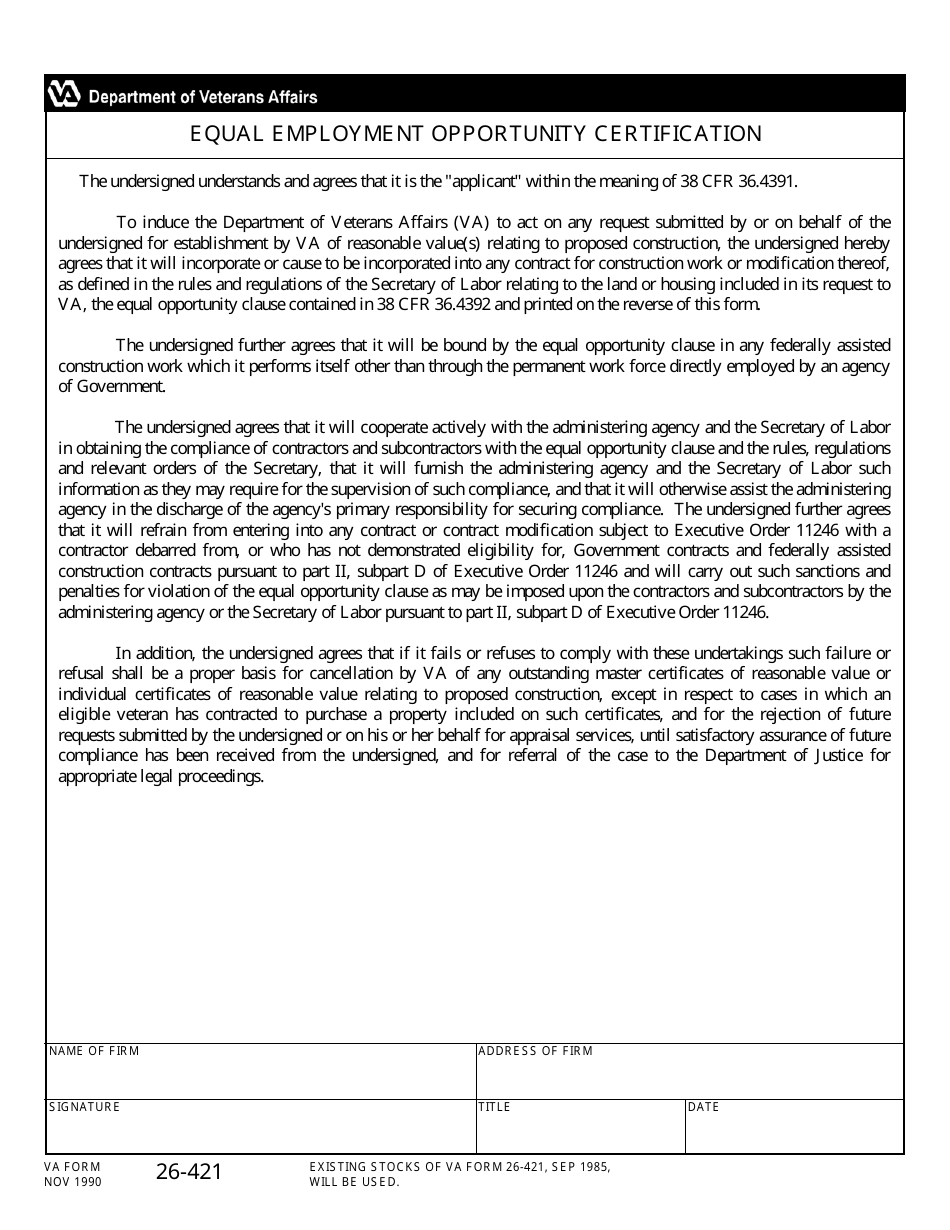 VA Form 26-421 Equal Employment Opportunity Certification, Page 1