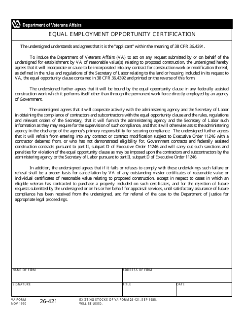 VA Form 26-421  Printable Pdf