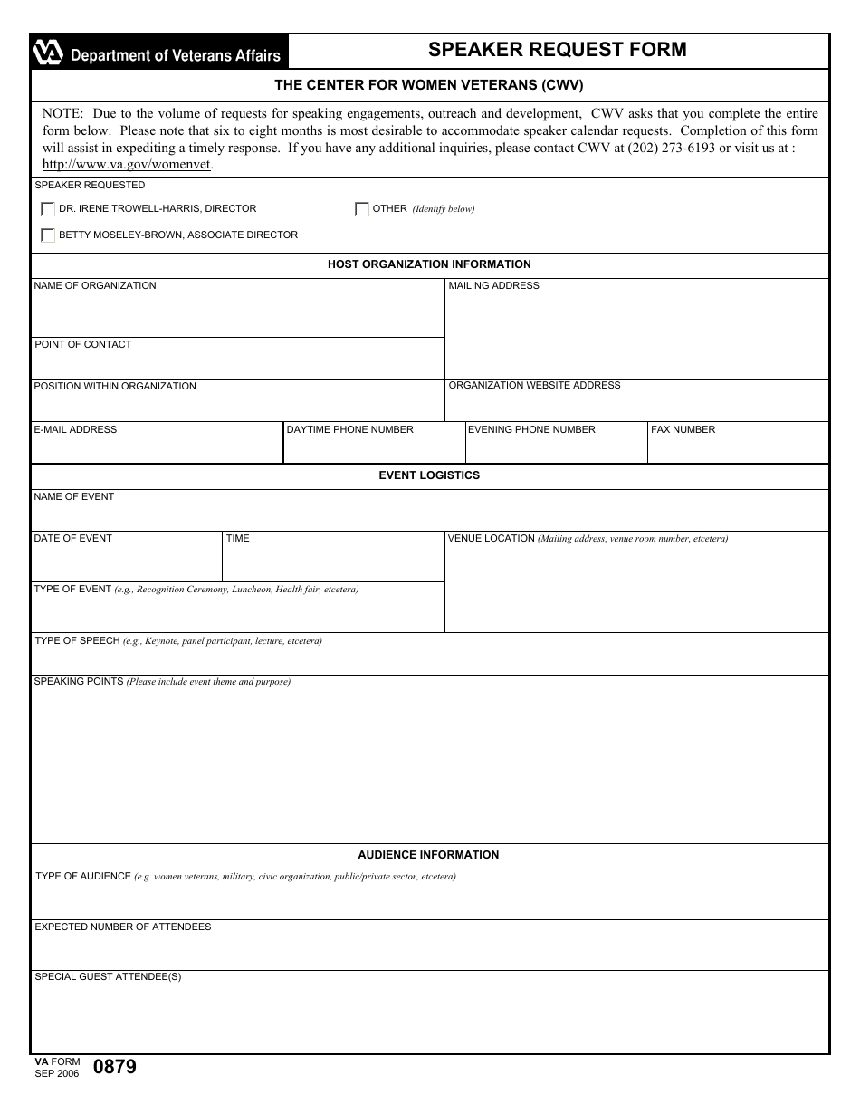 VA Form 0879 Speaker Request Form, Page 1