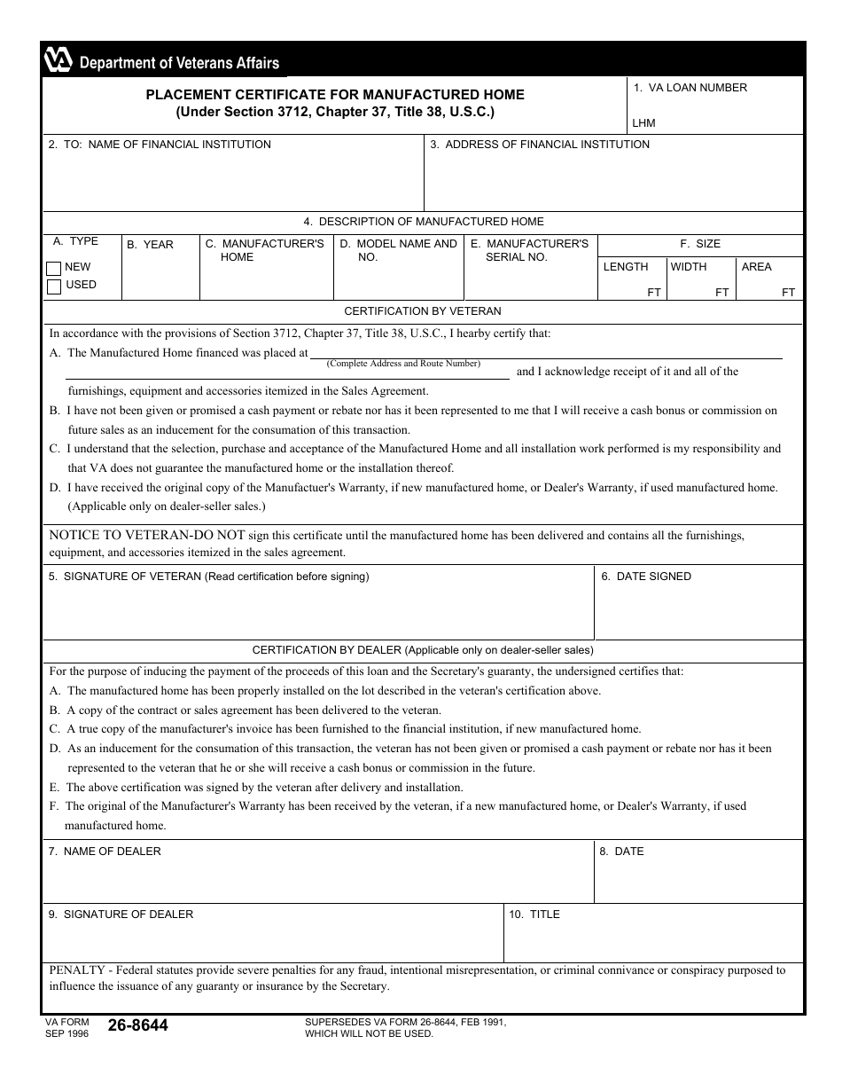 VA Form 26-8644 Placement Certificate for Manufactured Home, Page 1