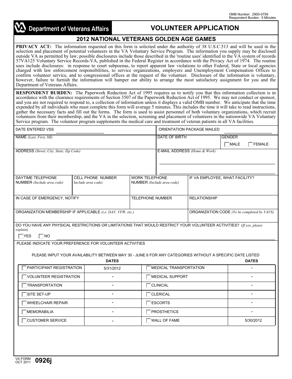 VA Form 0926j Volunteer Application, Page 1
