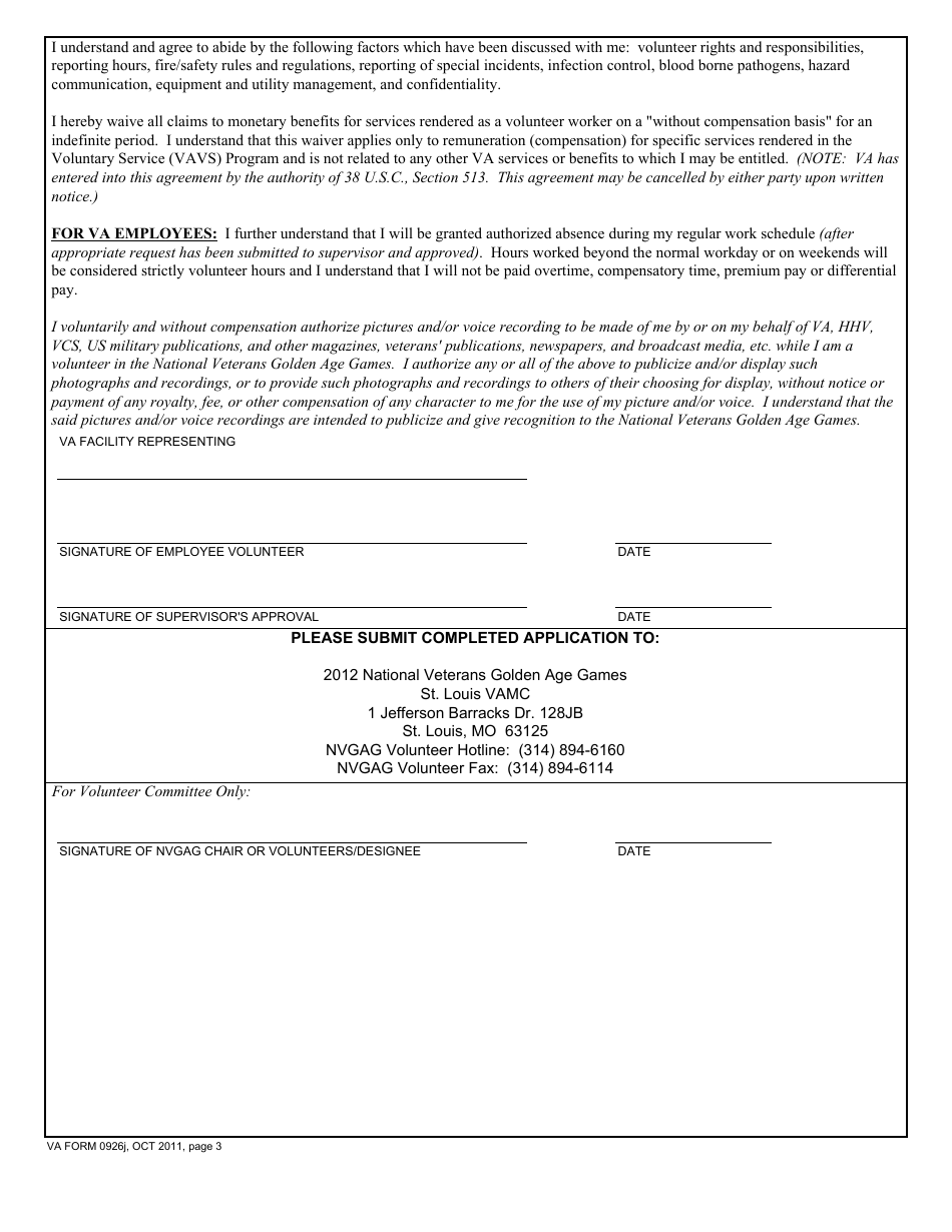 VA Form 0926j Volunteer Application, Page 3