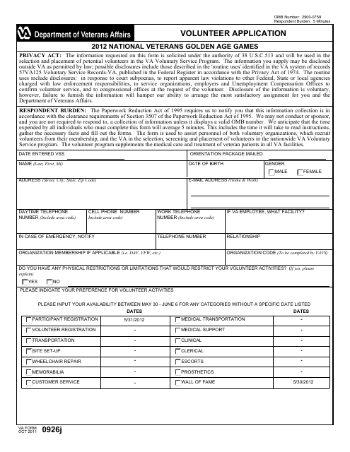 VA Form 0926j Volunteer Application
