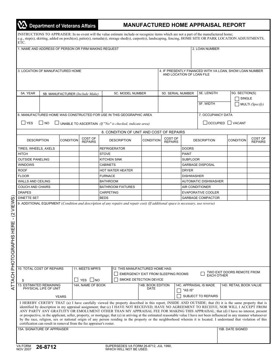 VA Form 26-8712 Manufactured Home Appraisal Report, Page 1