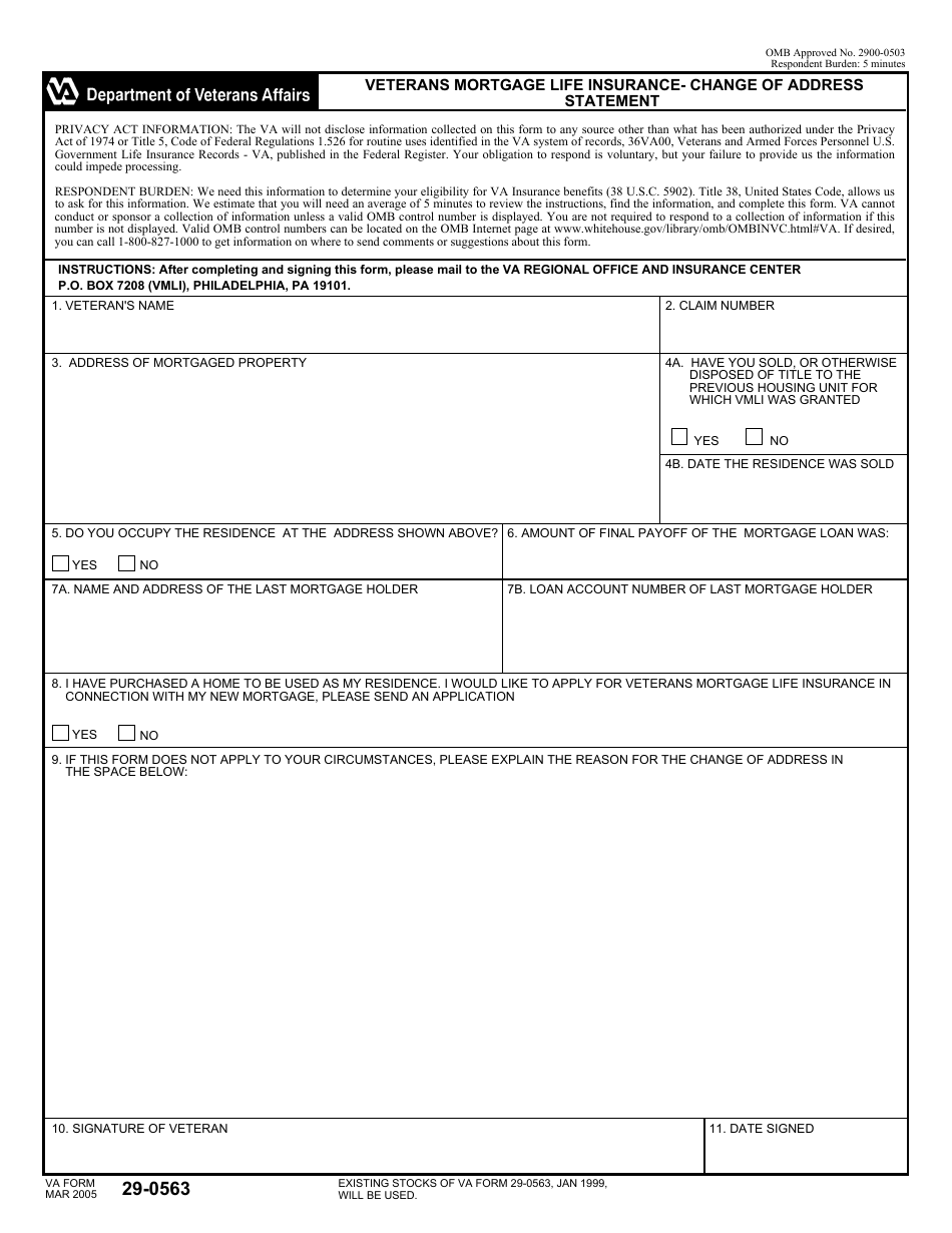 VA Form 29-0563 Veterans Mortgage Life Insurance - Change of Address Statement, Page 1