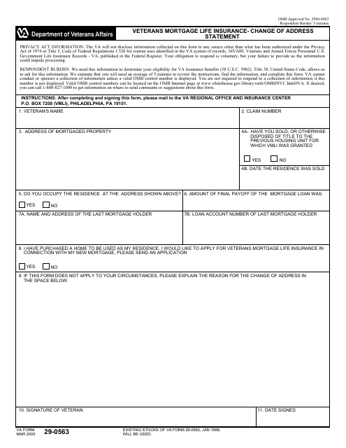 VA Form 29-0563 Veterans Mortgage Life Insurance - Change of Address Statement