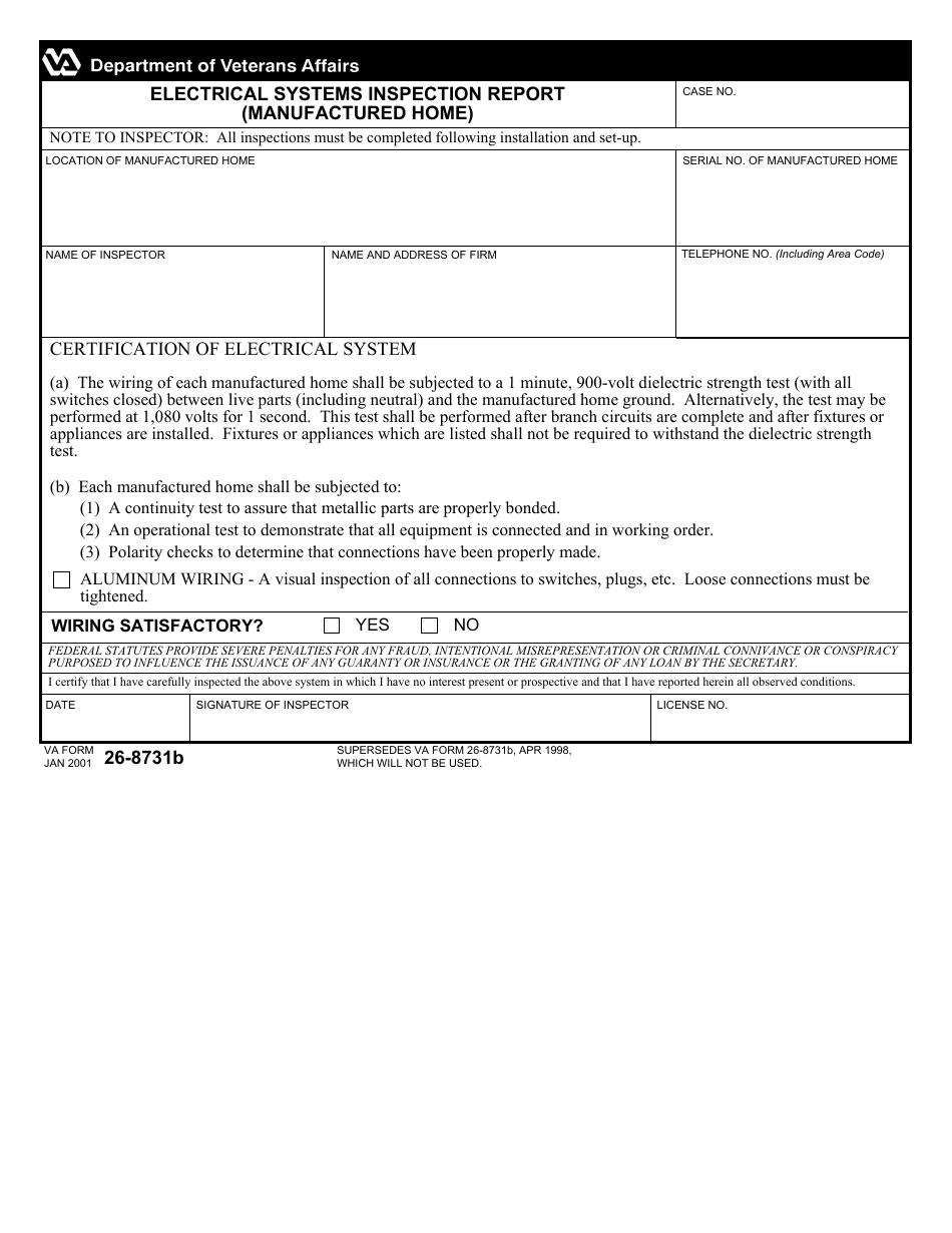 VA Form 26-8731b Electrical Systems Inspection Report (Manufactured Home), Page 1