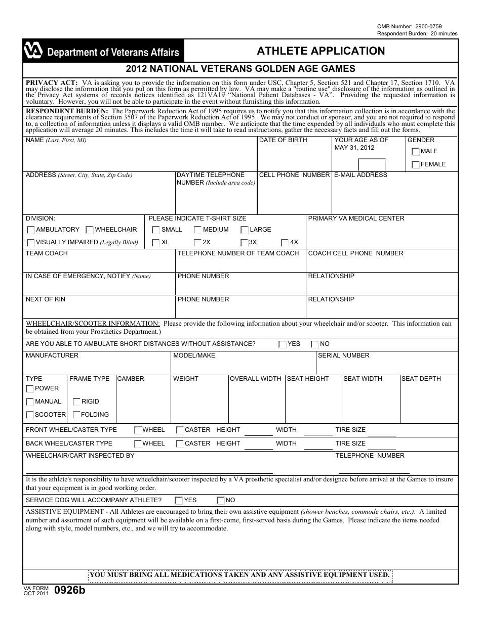 VA Form 0926b National Veterans Golden Age Games Athlete Application, Page 1