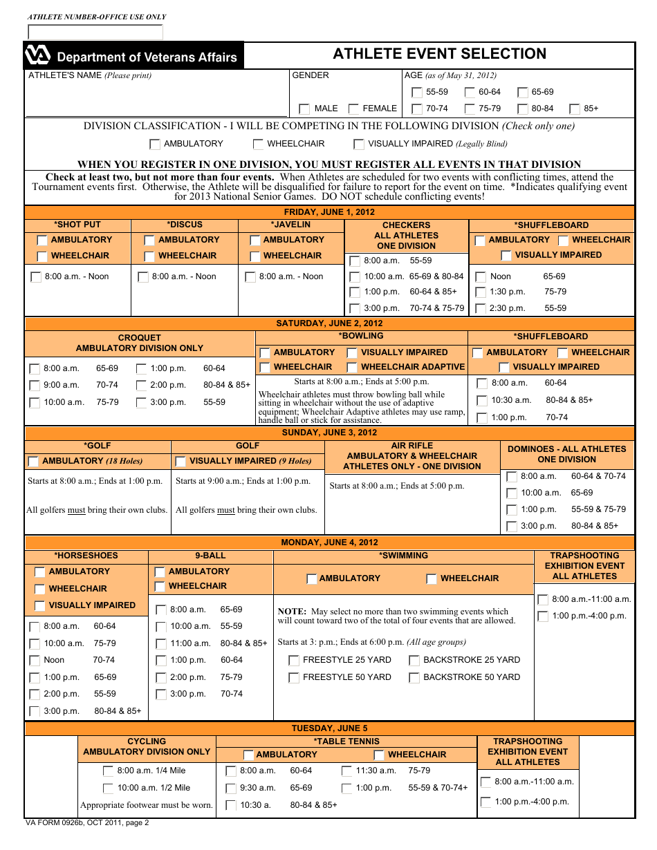 VA Form 0926b National Veterans Golden Age Games Athlete Application, Page 2