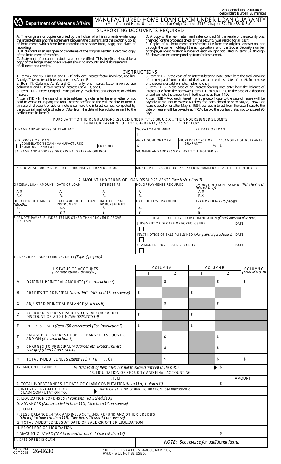 VA Form 26-8630 Manufactured Home Loan Claim Under Loan Guaranty, Page 1