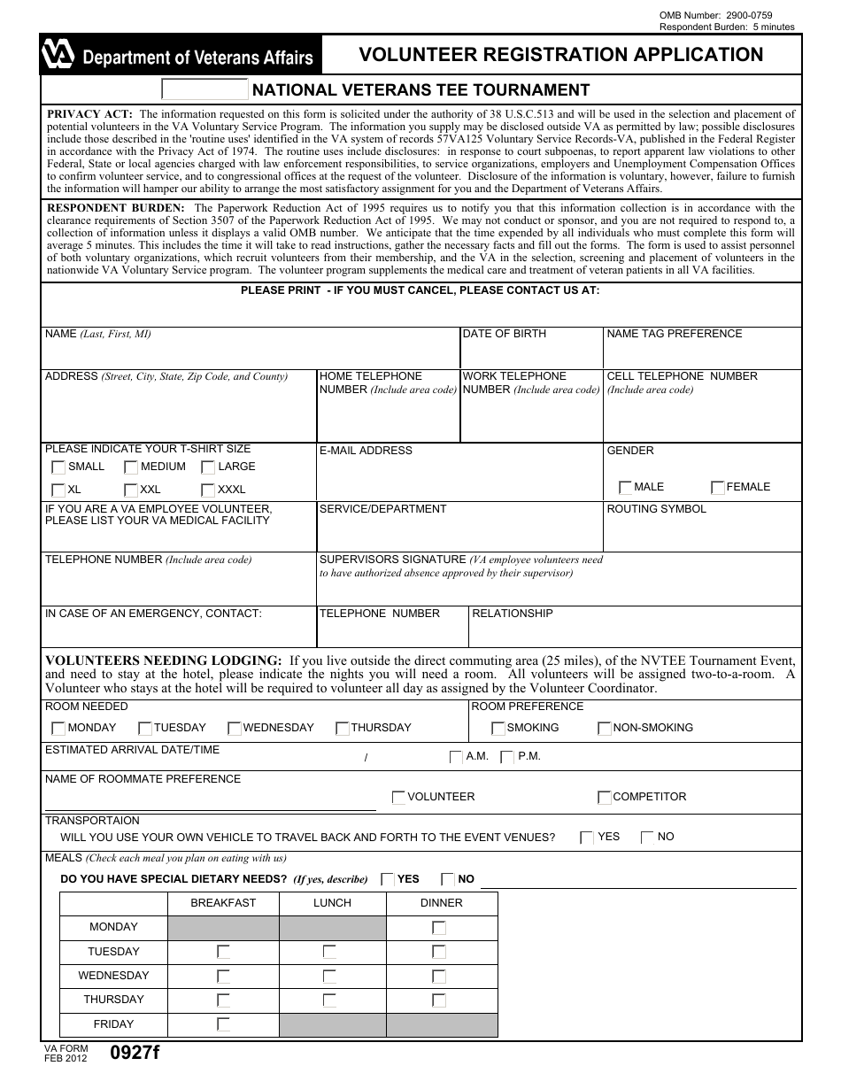 VA Form 0927f Volunteer Registration Application, Page 1