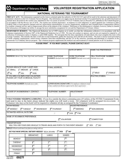VA Form 0927f Volunteer Registration Application
