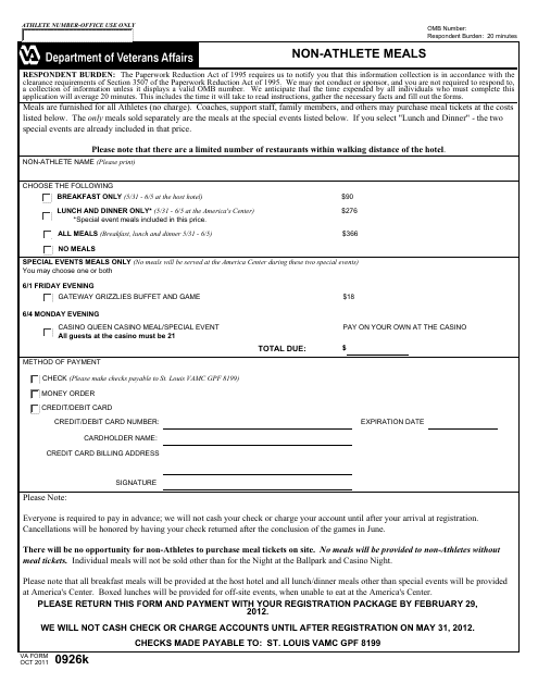 VA Form 0926k Non-athlete Meals