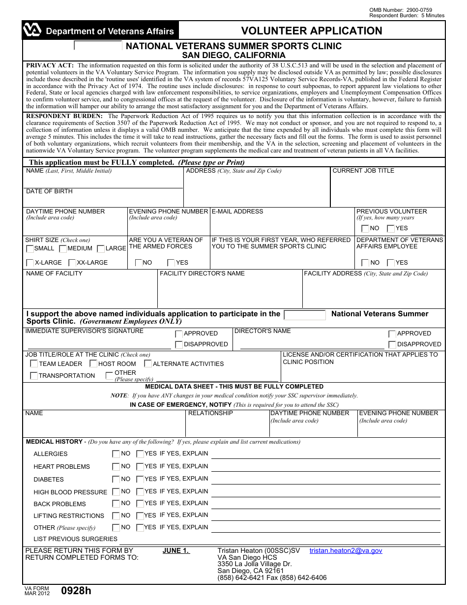 VA Form 0928h Volunteer Application, Page 1