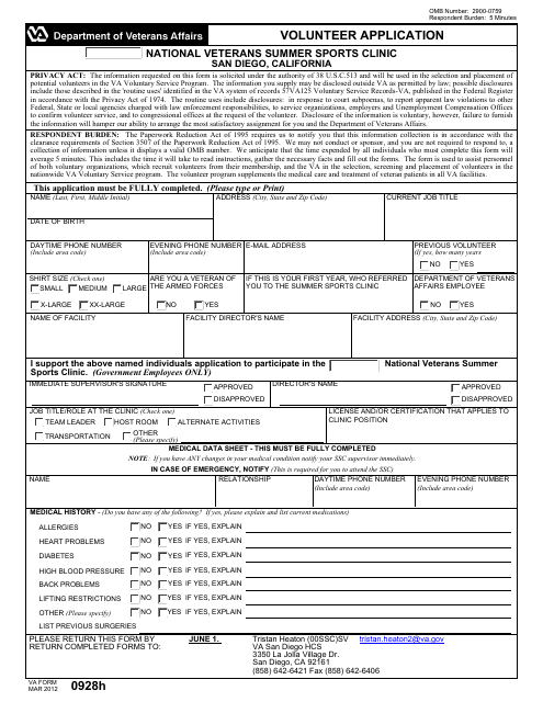 VA Form 0928h Volunteer Application