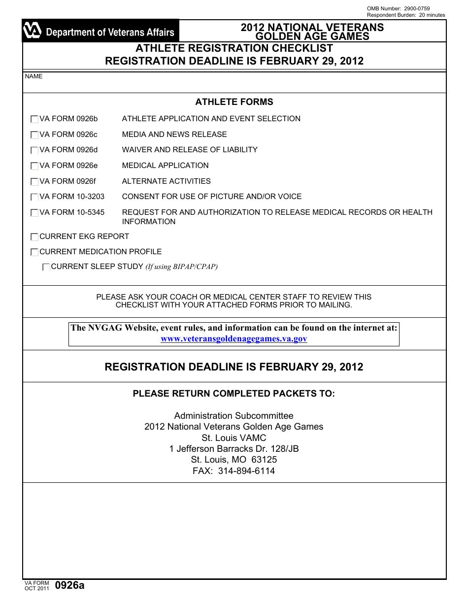 VA Form 0926a National Veterans Golden Age Games Athlete Registration Checklist, Page 1