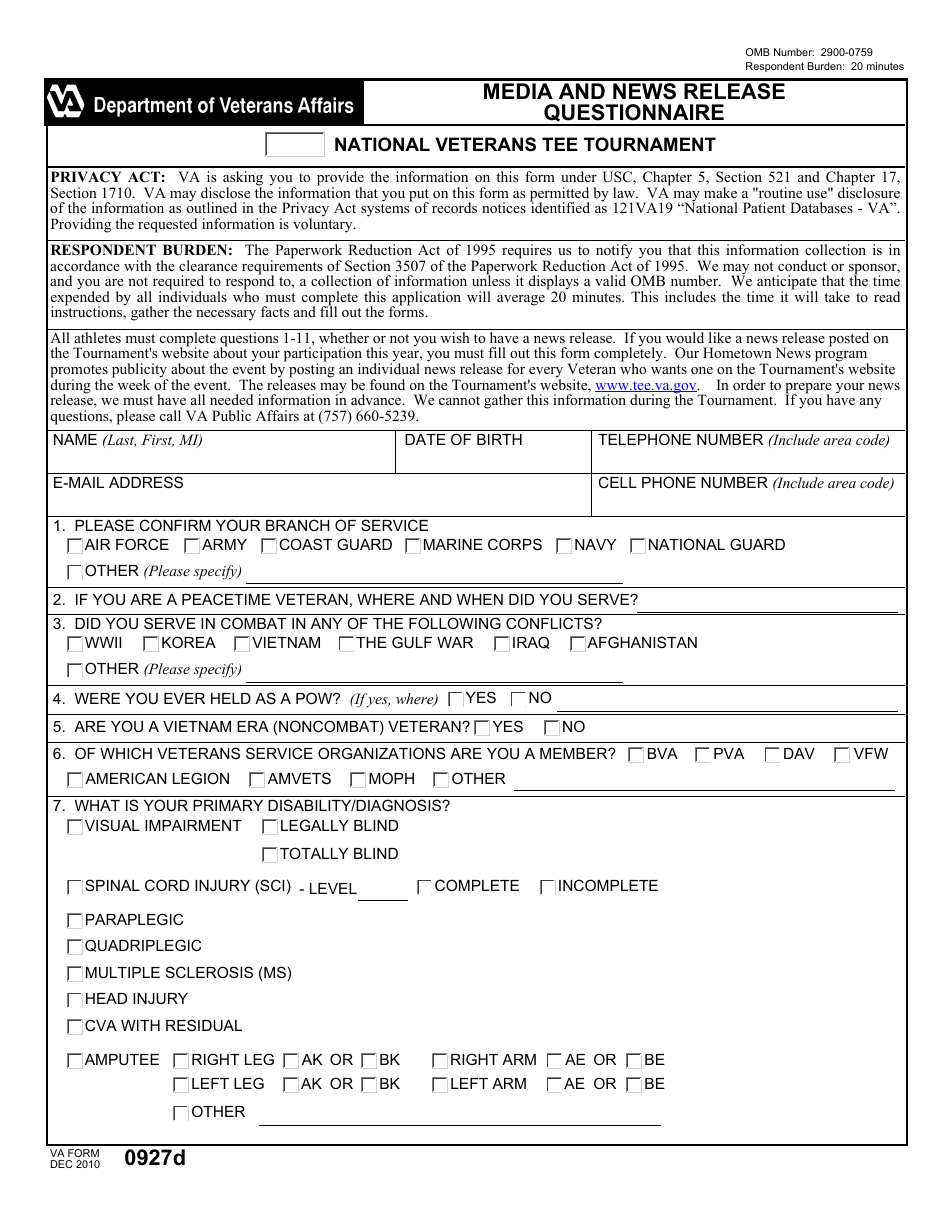 VA Form 0927d Media and News Release Questionnaire, Page 1